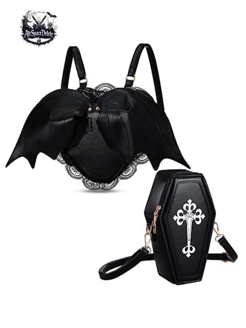 2 Pc Gothic Coffin Bat Wing Crossbody Bag PU Leather Satchel Purse